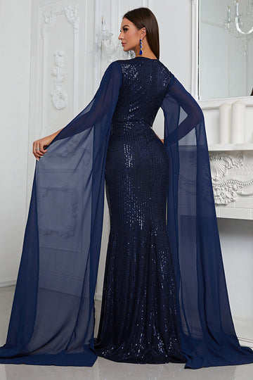 Sparkly Navy Mermaid Beaded Long Mother of the Bride Dress with Cape